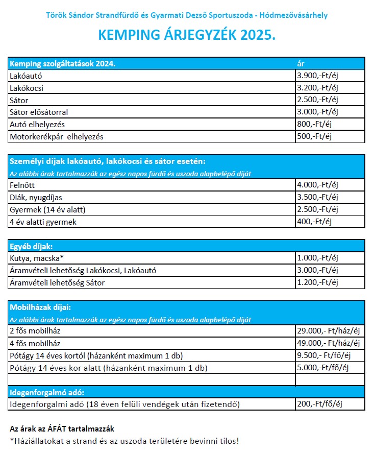 Kemping árlista 2025